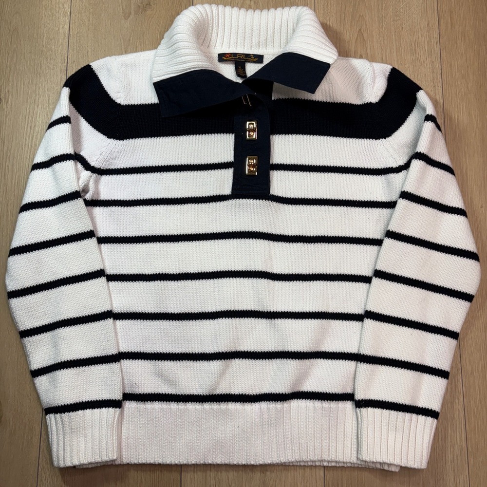 Lauren Ralph Lauren Striped Cotton Sweater XL Navy White Gold Turn Lock Nautical